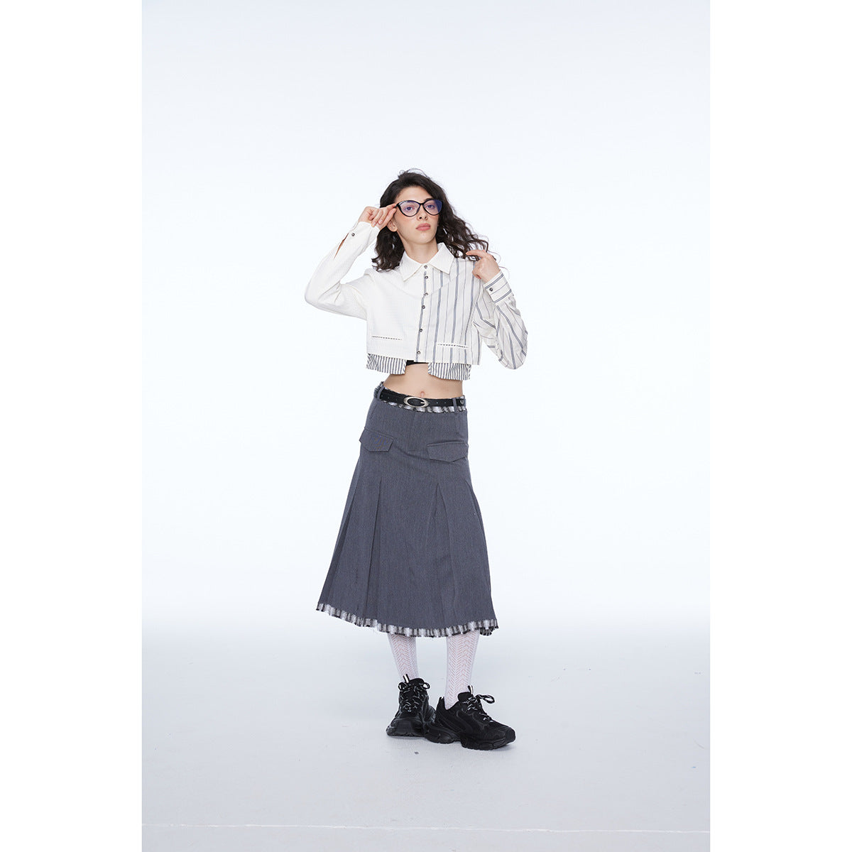 Unisex Shirt Striped Stitching Navel Coat