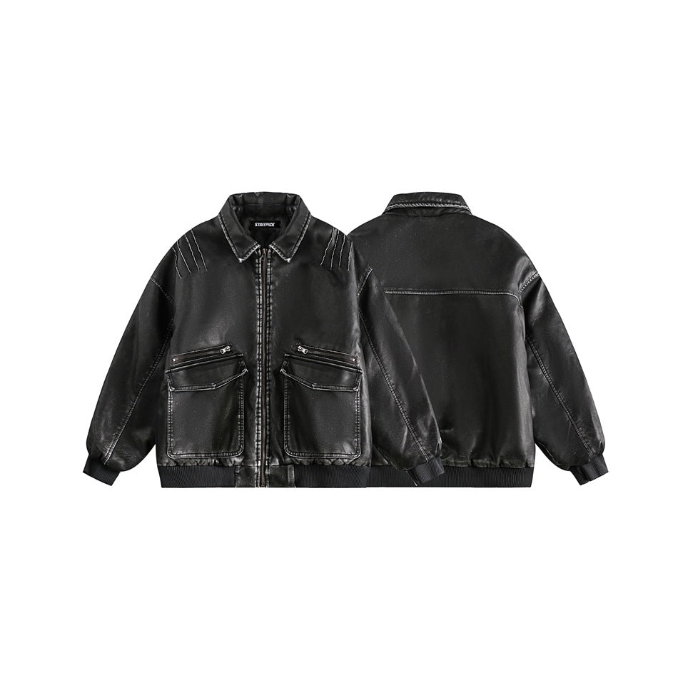 Unisex Coat PU Leather Winter Coat Distressed Warm