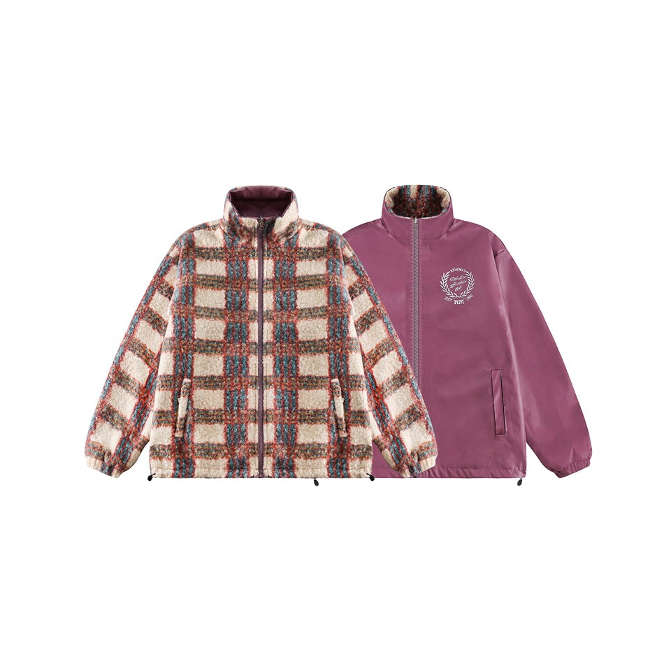 Unisex Coat Plaid Reversible Coat Warm PU Leather