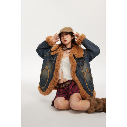 Unisex Coat Lamb Wool Thickened Winter Cotton Dress Denim Coat