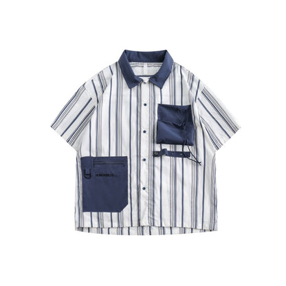 Unisex Shirt Retro Patchwork Three-Dimensional Pocket Loose Stripes