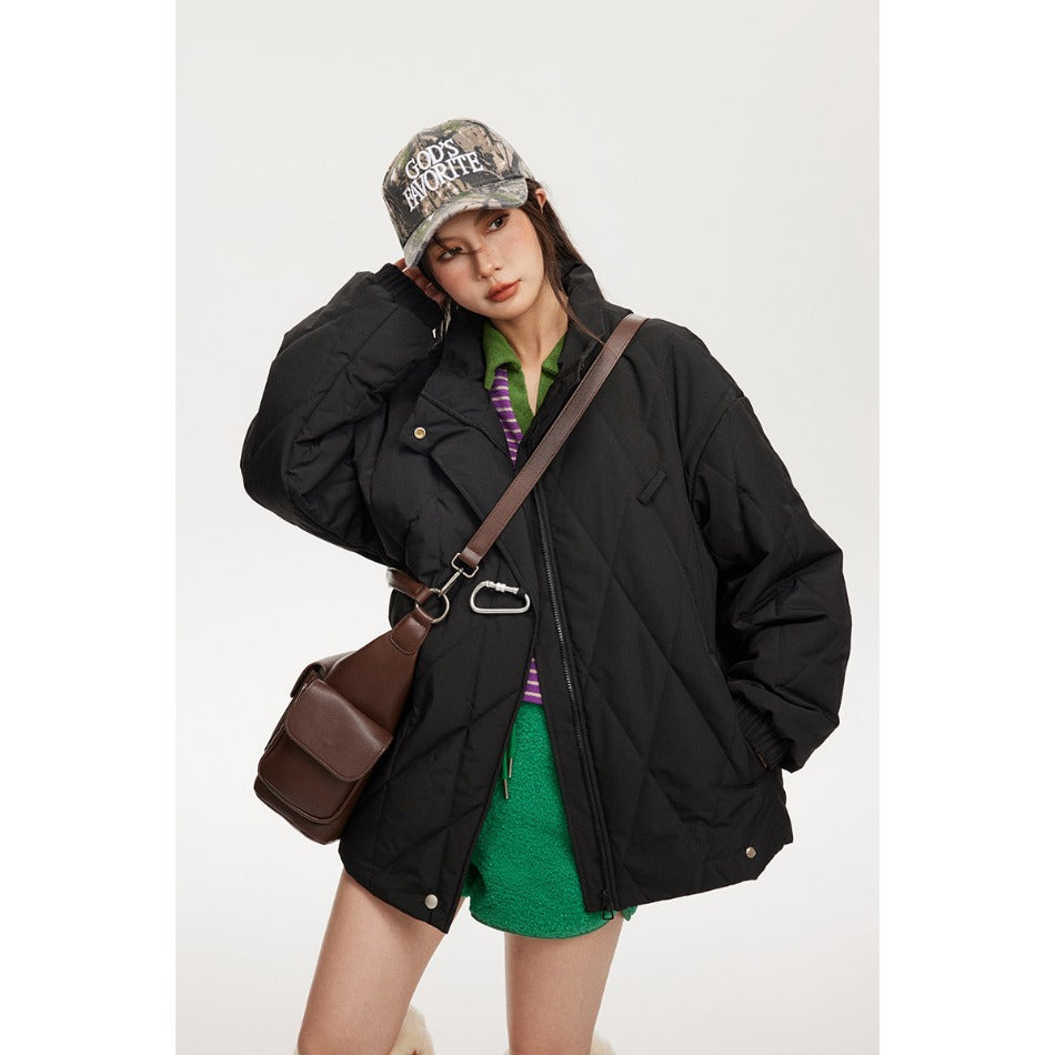 Unisex Coat Winter Cotton Dress Diamond Lattice Stand Collar Coat
