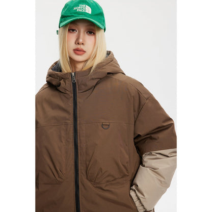 Unisex Coat Colorblock Hood All-Match Loose Couple Coat