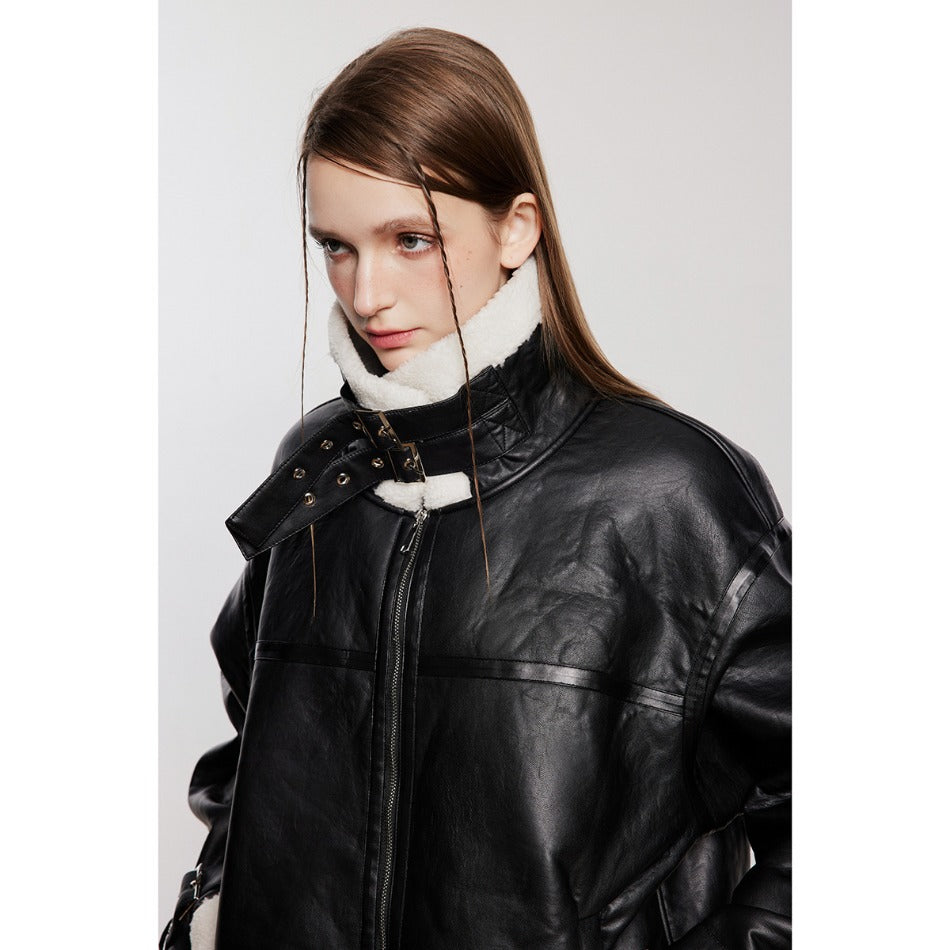 Unisex Coat Lamb Fur Lapel Winter PU Leather