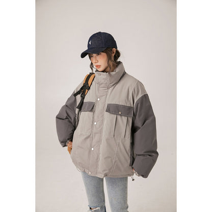Unisex Coat Patchwork Stand-up Collar Winter Thickening