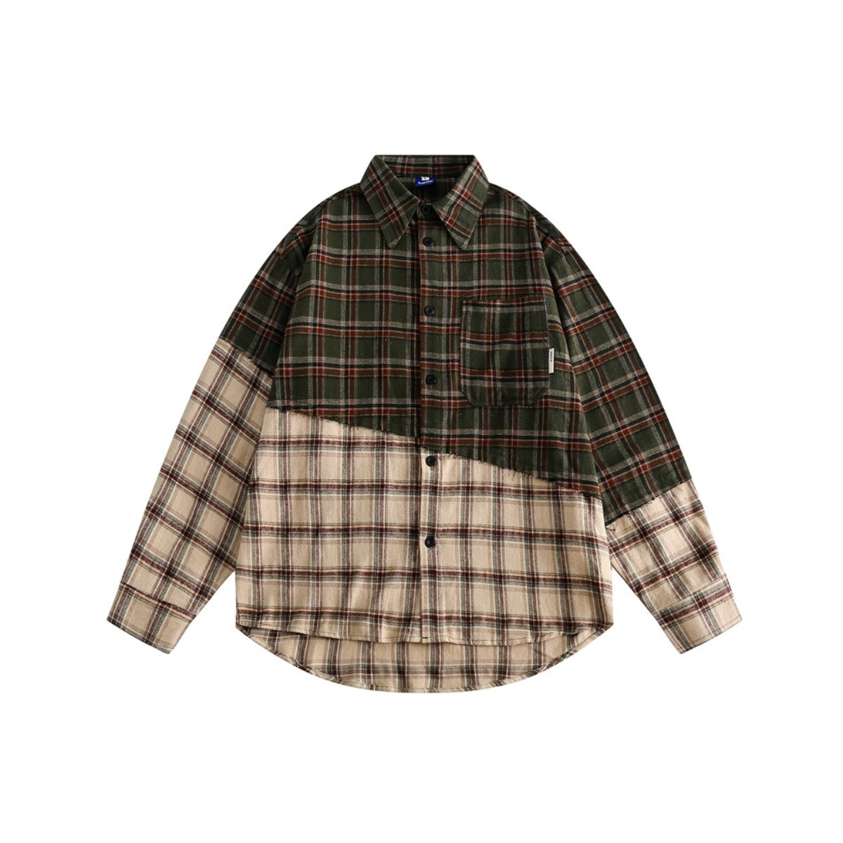 Unisex Shirt Irregular Stitching Loose Plaid
