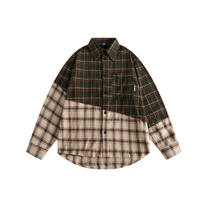 Unisex Shirt Irregular Stitching Loose Plaid