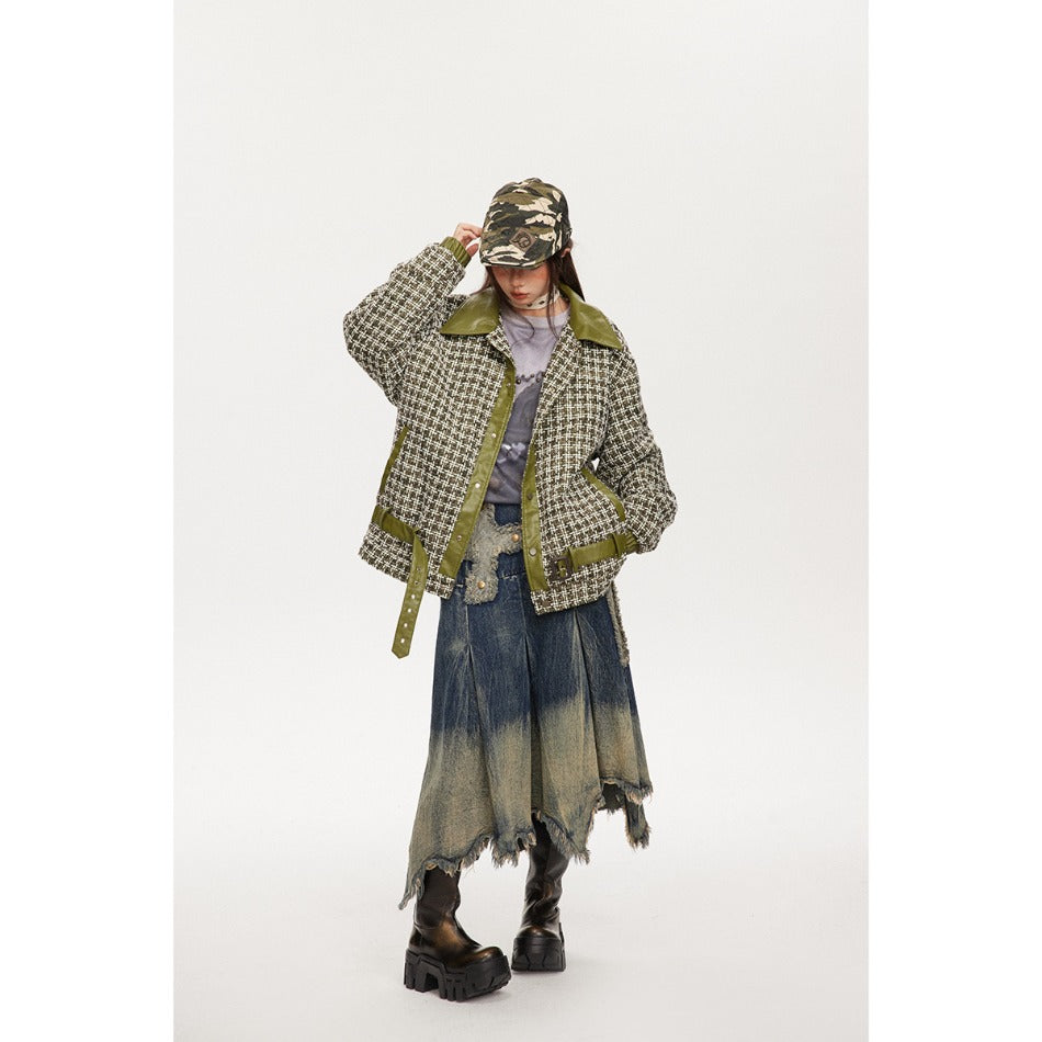 Unisex Coat Plaid Stitching PU Leather Coat