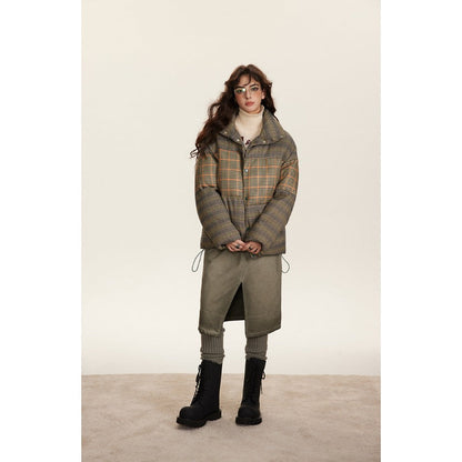 Unisex Coat Stitching Plaid Stand Collar Coat Thickened Warm