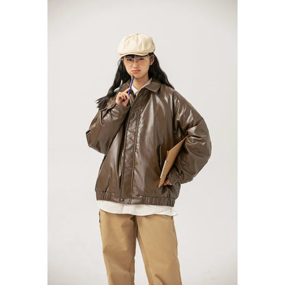 Unisex Coat Vintage Cotton-Padded Clothes Loose Couple PU Leather