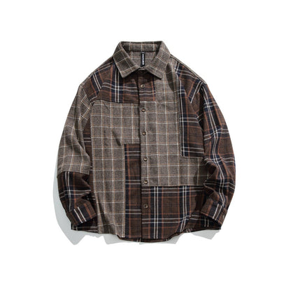 Unisex Shirt Retro Patchwork Plaid Long Sleeve Shirt