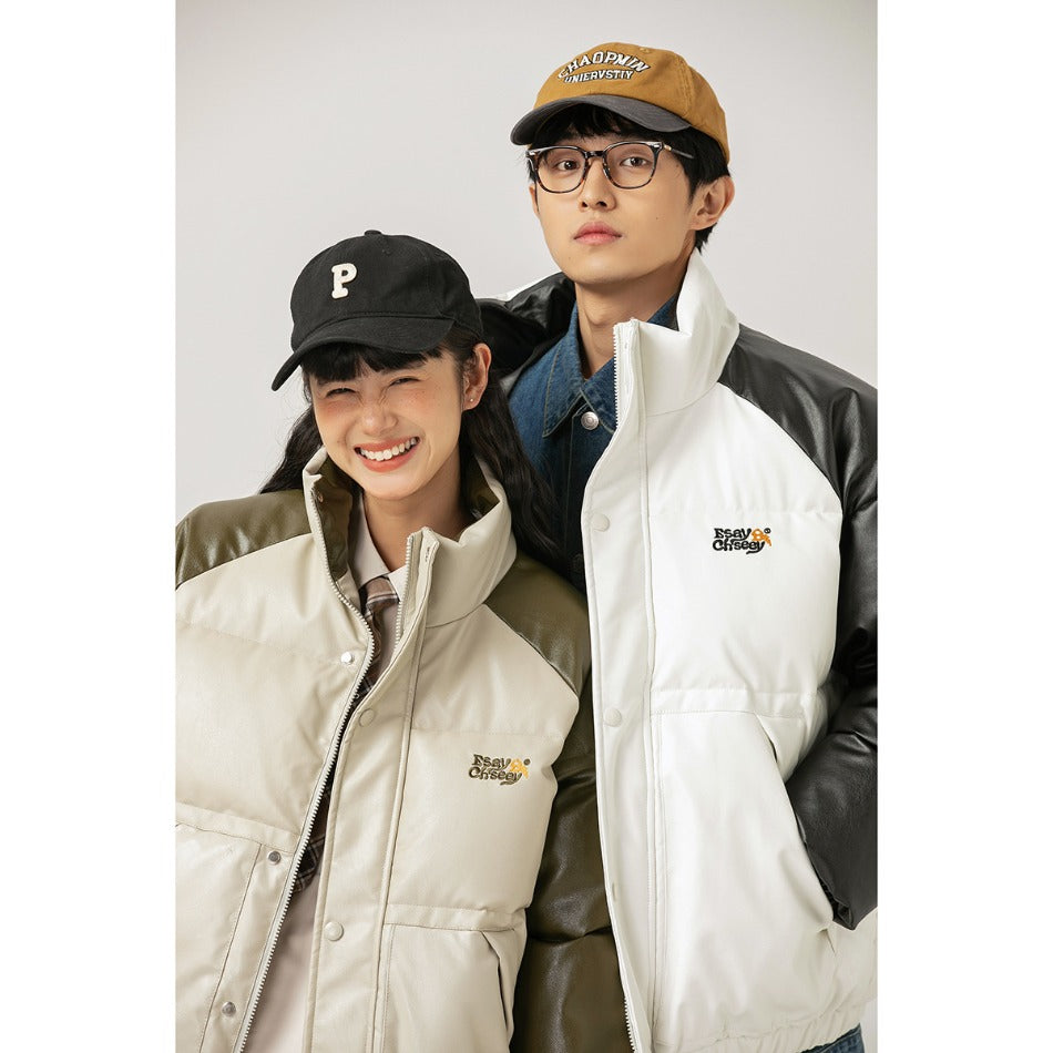Unisex Coat PU Leather Coat Loose Stand Collar Coat