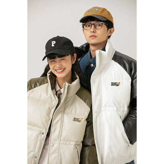 Unisex Coat PU Leather Coat Loose Stand Collar Coat