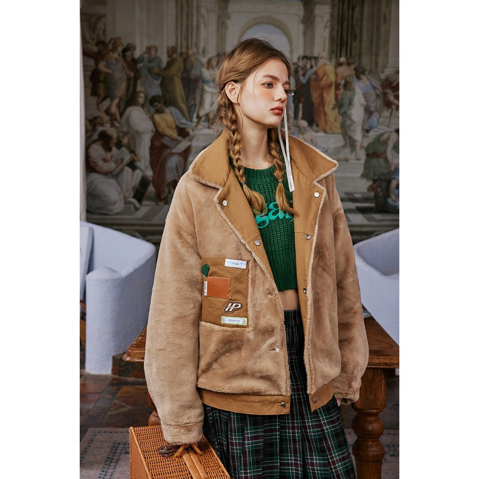 Unisex Coat University Style Plush Cotton Jacket Reversible Coat