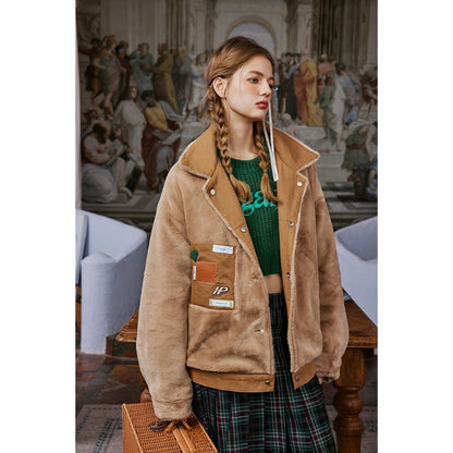 Unisex Coat University Style Plush Cotton Jacket Reversible Coat