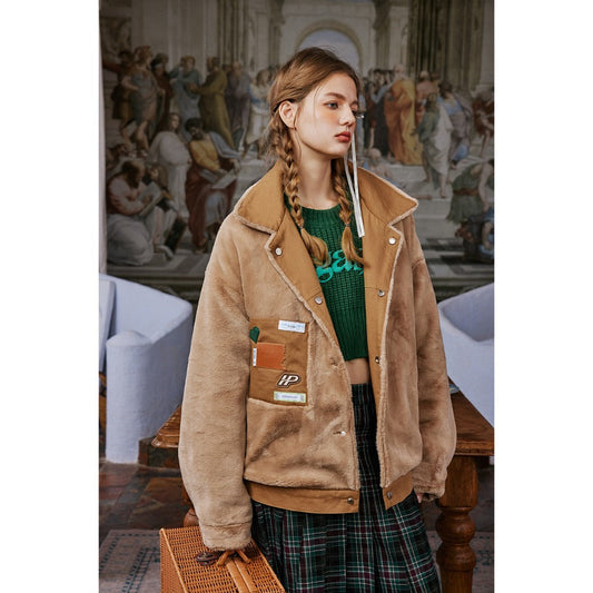 Unisex Coat University Style Plush Cotton Jacket Reversible Coat