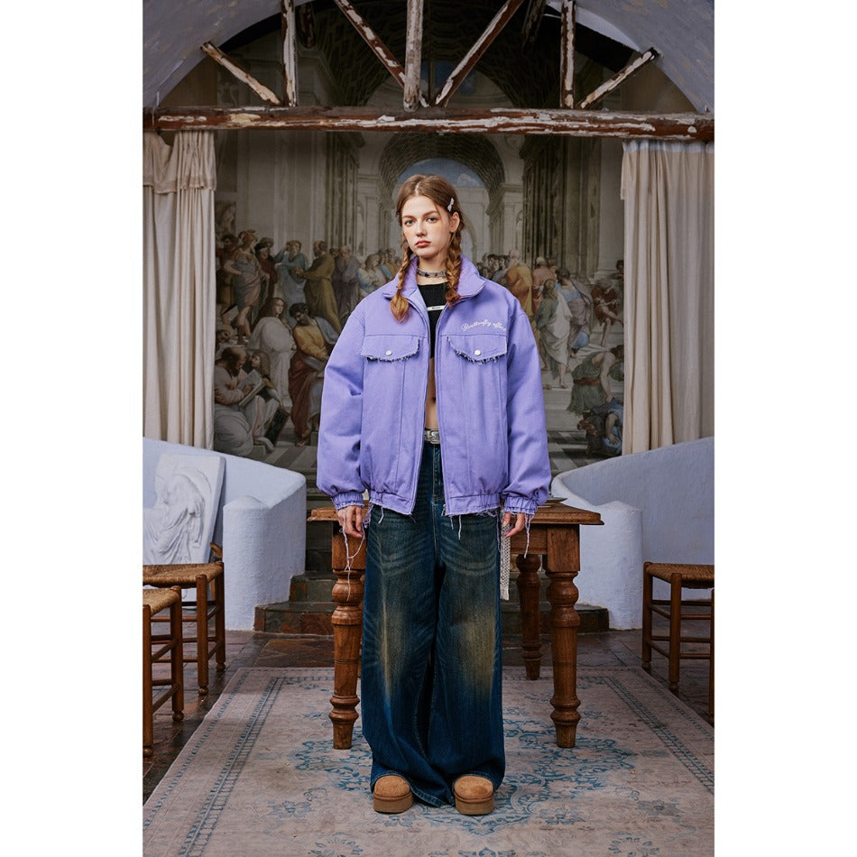 Unisex Coat Butterfly Embroidered Cotton Jacket Stand Collar Coat