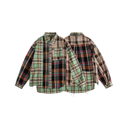 Unisex Shirt Casual Long Sleeve Distressed Stitching Plaid