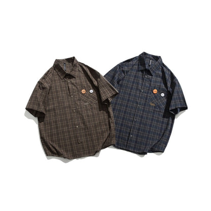 Unisex Shirt Retro College Style Plaid Loose
