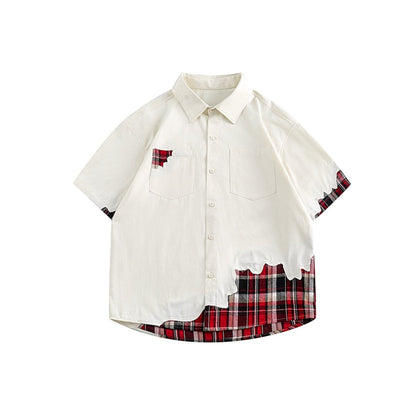Unisex Shirt Retro Patchwork Plaid Loose Cardigan Summer
