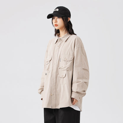 Unisex Shirt Retro Multi-Pocket Loose Casual