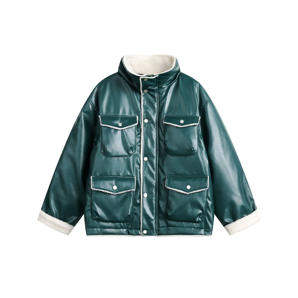 Unisex Coat PU Leather Cotton-Padded Coat Lamb Wool Thickening Stand Collar