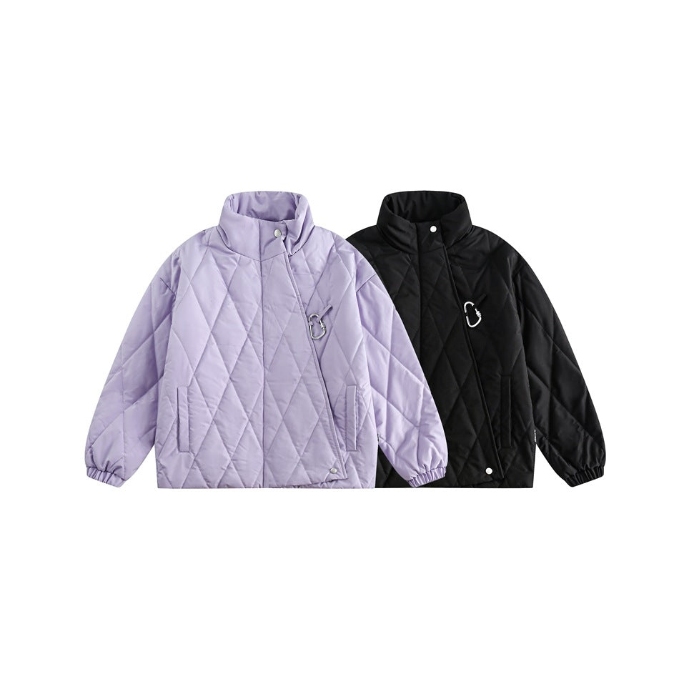 Unisex Coat Winter Cotton Dress Diamond Lattice Stand Collar Coat