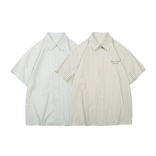 Unisex Shirt Embroidered Casual Loose Striped Cotton