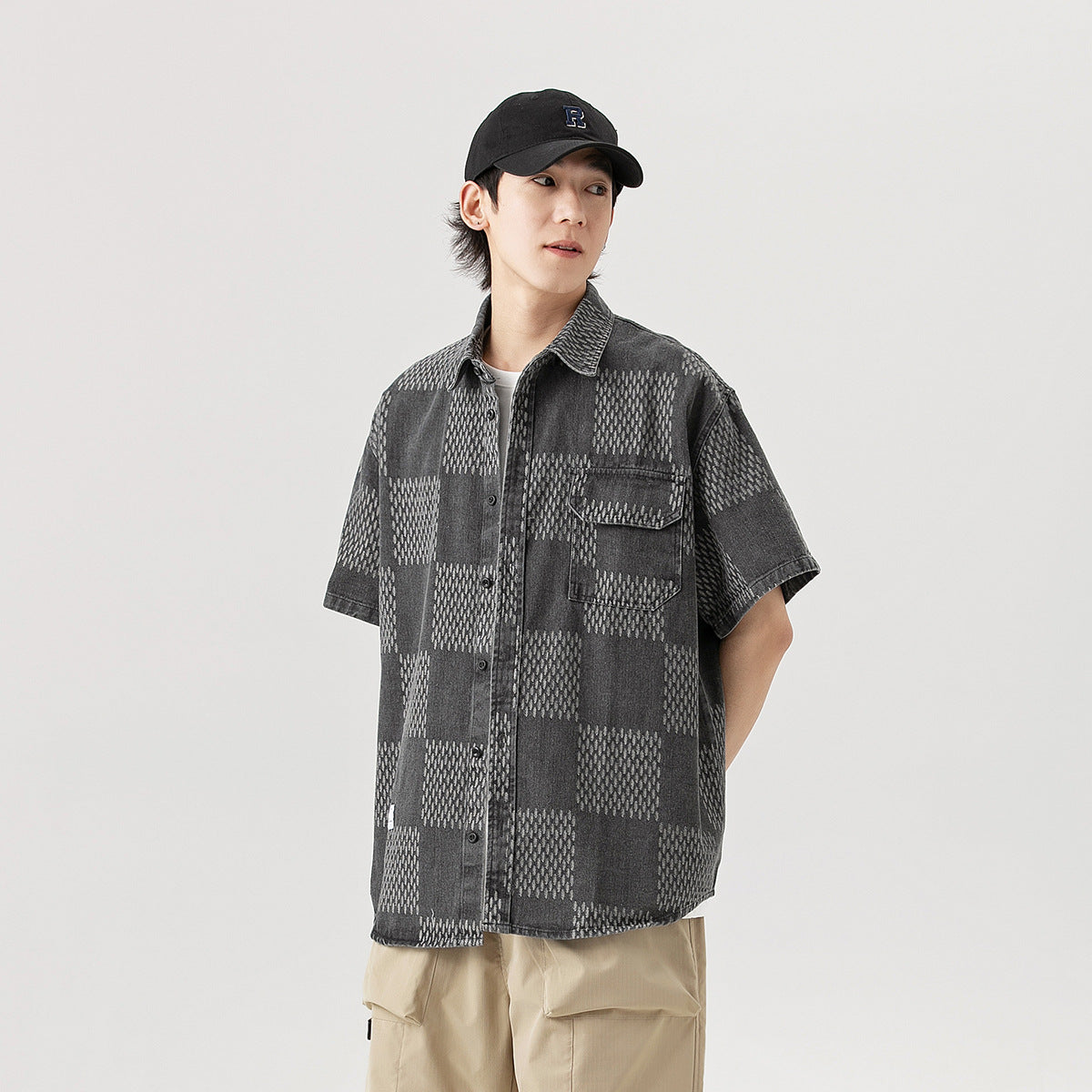 Unisex Shirt Vintage Plaid Denim Shirt Loose Casual