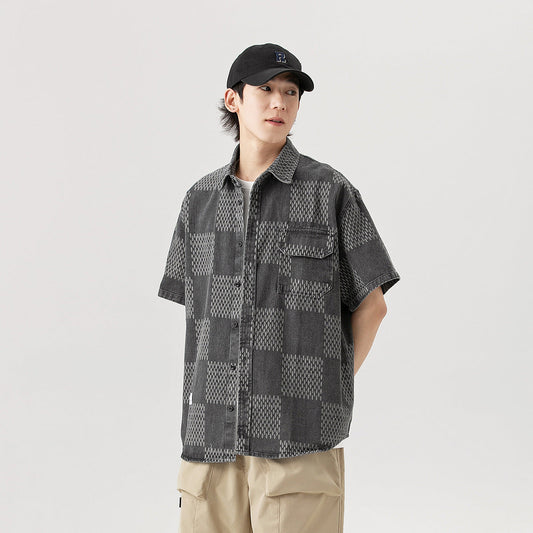 Unisex Shirt Vintage Plaid Denim Shirt Loose Casual