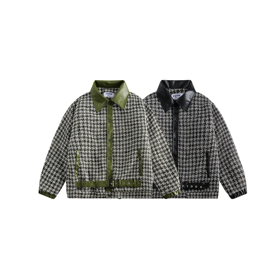 Unisex Coat Plaid Stitching PU Leather Coat