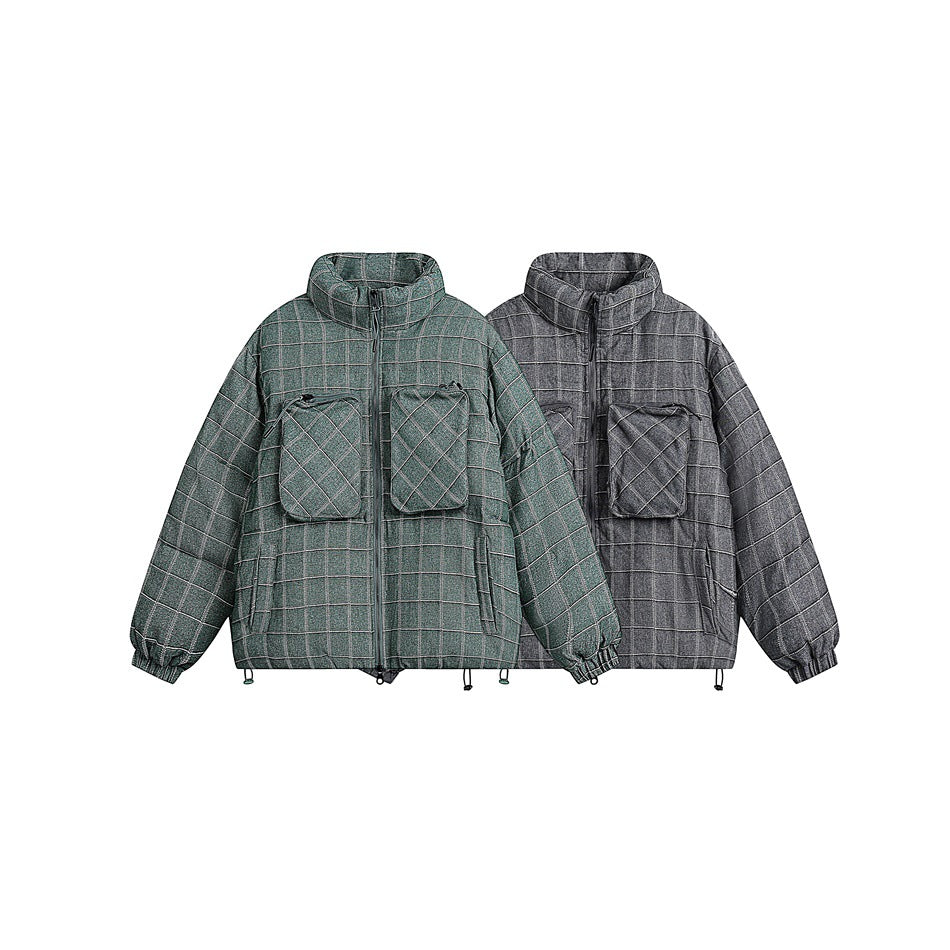 Unisex Coat Winter Stand Collar Plaid Coat Cotton Coat
