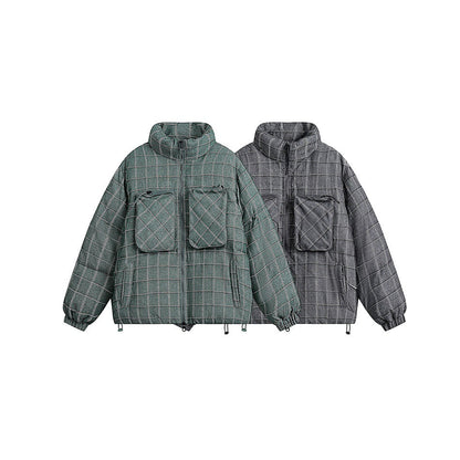 Unisex Coat Winter Stand Collar Plaid Coat Cotton Coat