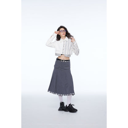Unisex Shirt Striped Stitching Navel Coat