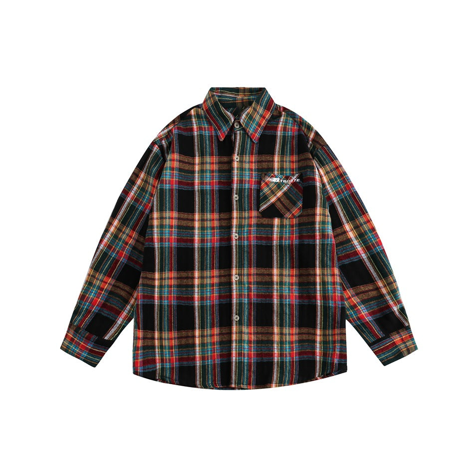 Unisex Shirt Vintage Cotton Long Sleeve Plaid Shirt