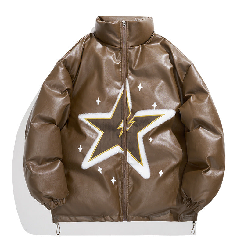 Unisex Coat Winter Thickened PU Leather Stand-up Collar Cotton-Padded Clothes