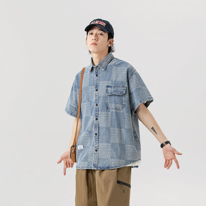 Unisex Shirt Vintage Plaid Denim Shirt Loose Casual