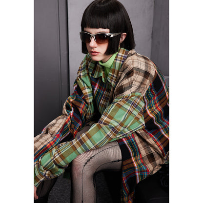 Unisex Shirt Casual Long Sleeve Distressed Stitching Plaid