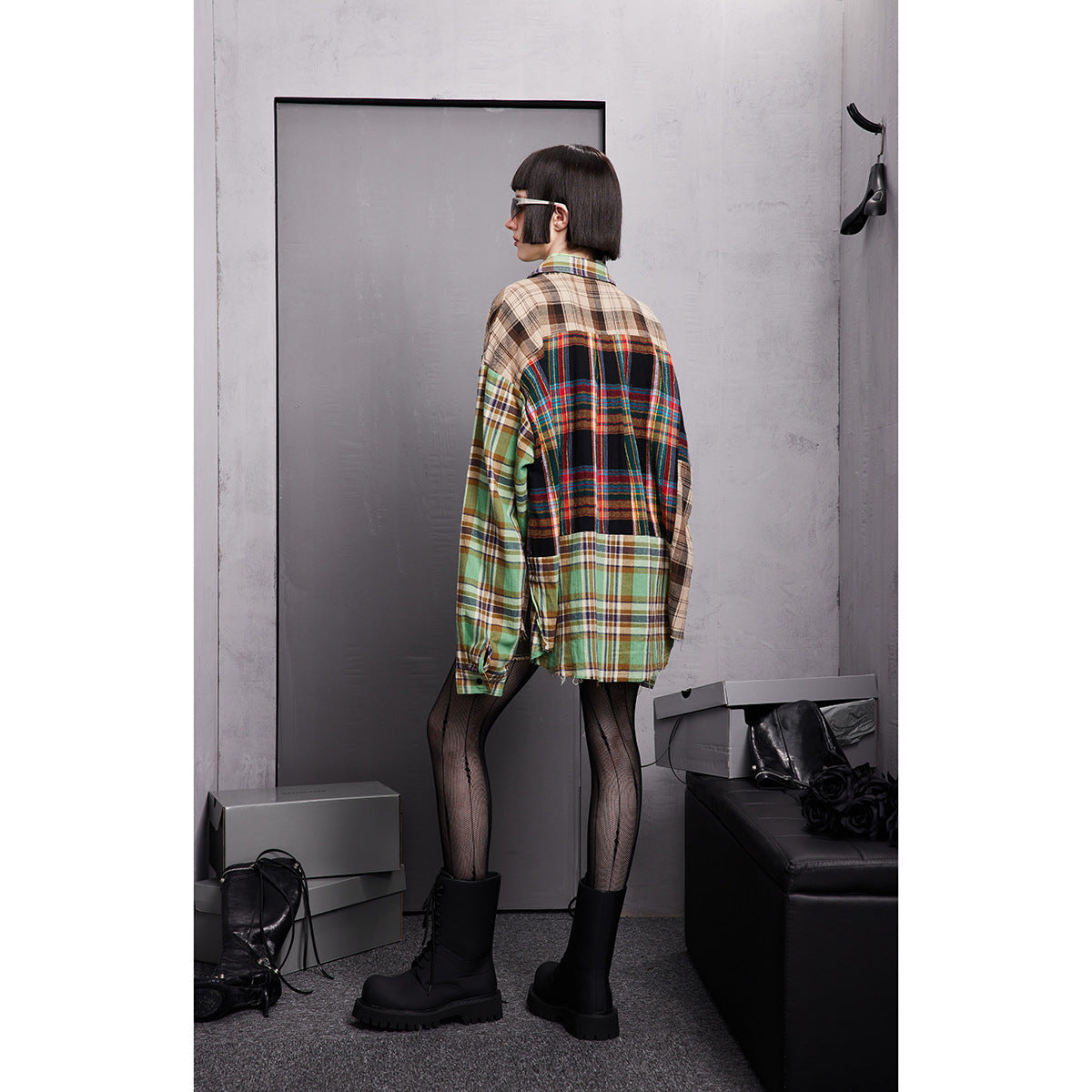 Unisex Shirt Casual Long Sleeve Distressed Stitching Plaid