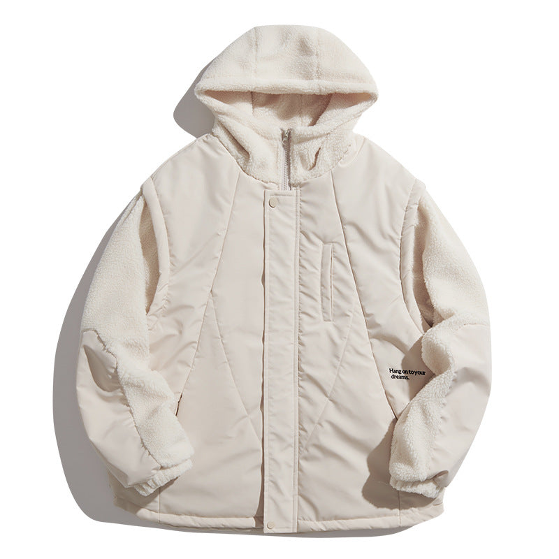 Unisex Coat Stitching Lamb Wool Warm and Loose Cotton-Padded Coat