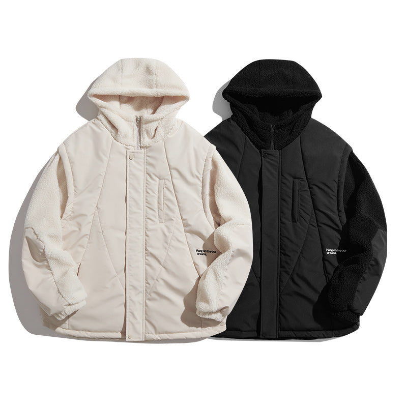 Unisex Coat Stitching Lamb Wool Warm and Loose Cotton-Padded Coat