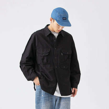 Unisex Shirt Retro Multi-Pocket Loose Casual