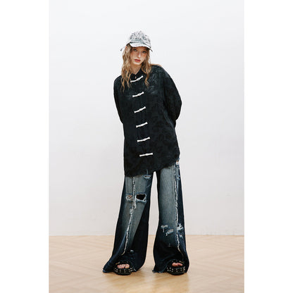 Unisex Shirt Chinese Style Shirt Loose Long Sleeve