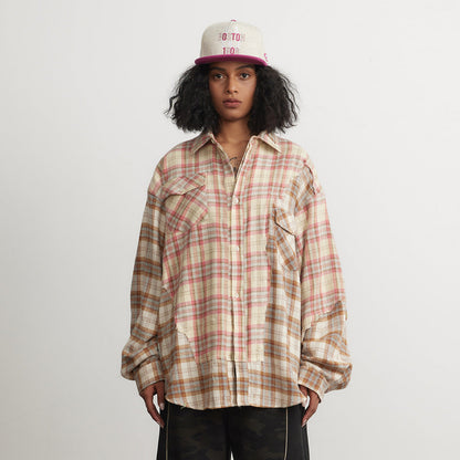 Unisex Shirt Vintage Spliced Plaid Blouse