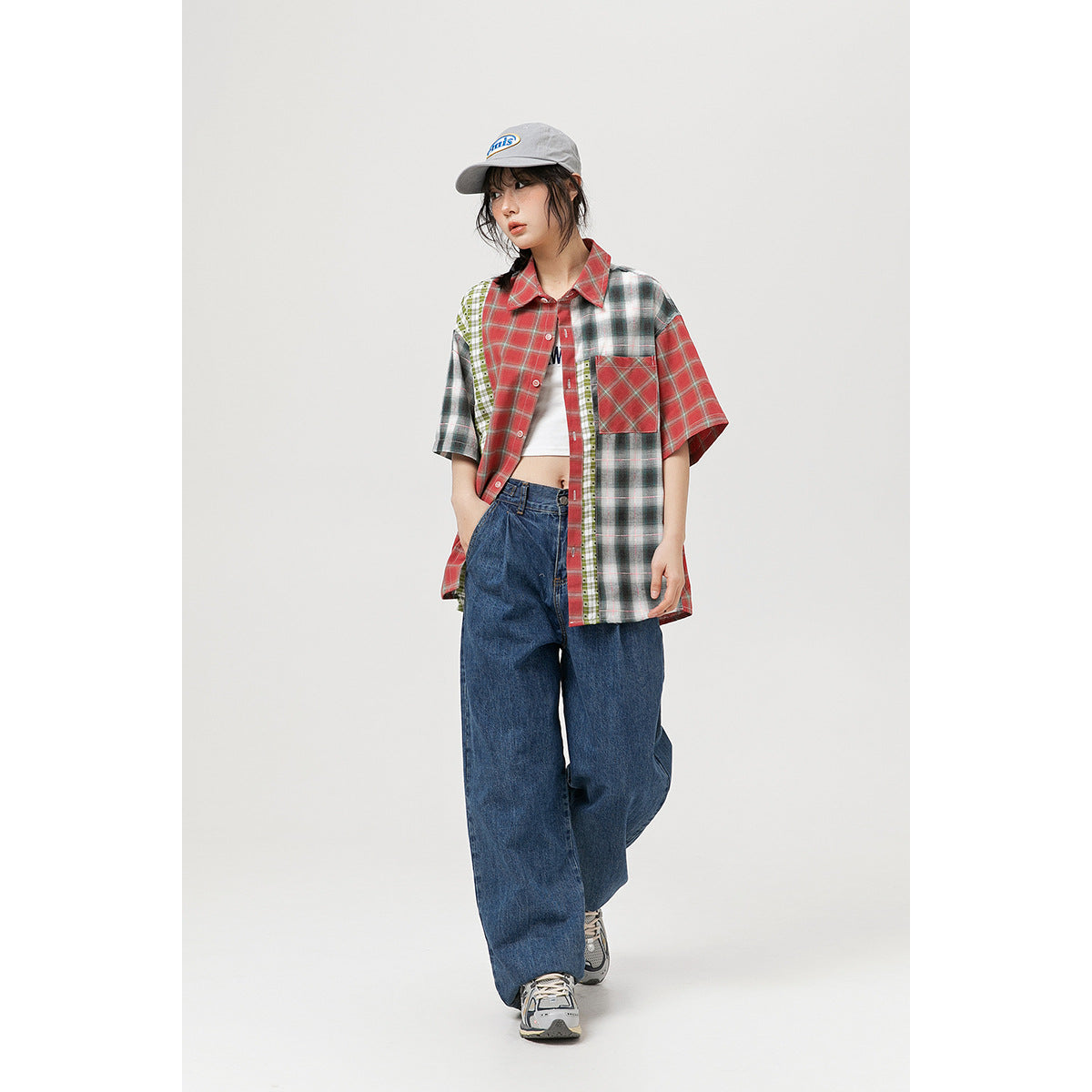 Unisex Shirt Vintage Spliced Plaid Blouse Summer