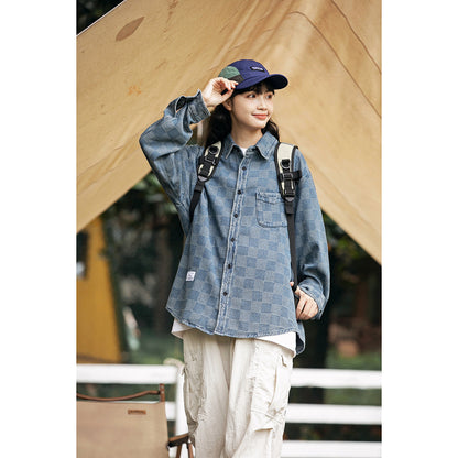Unisex Shirt Retro Plaid Long Sleeve Denim Shirt