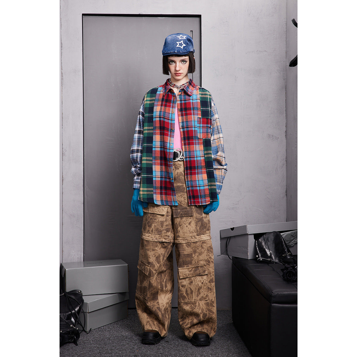 Unisex Shirt Handsome Spliced Plaid Blouse
