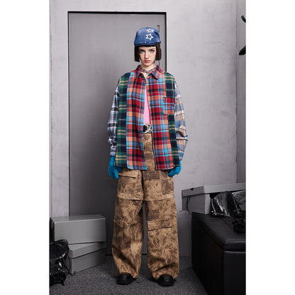 Unisex Shirt Handsome Spliced Plaid Blouse