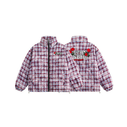 Unisex Coat Vintage Plaid Stand-up Collar Thermal Coat Loose