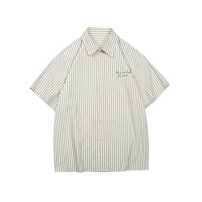 Unisex Shirt Embroidered Casual Loose Striped Cotton